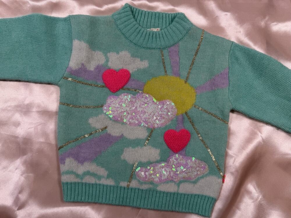 Girls Size 3T Sweater Colorful Sun Cloud Sequin Heart Knit Pullover Toddler Cute